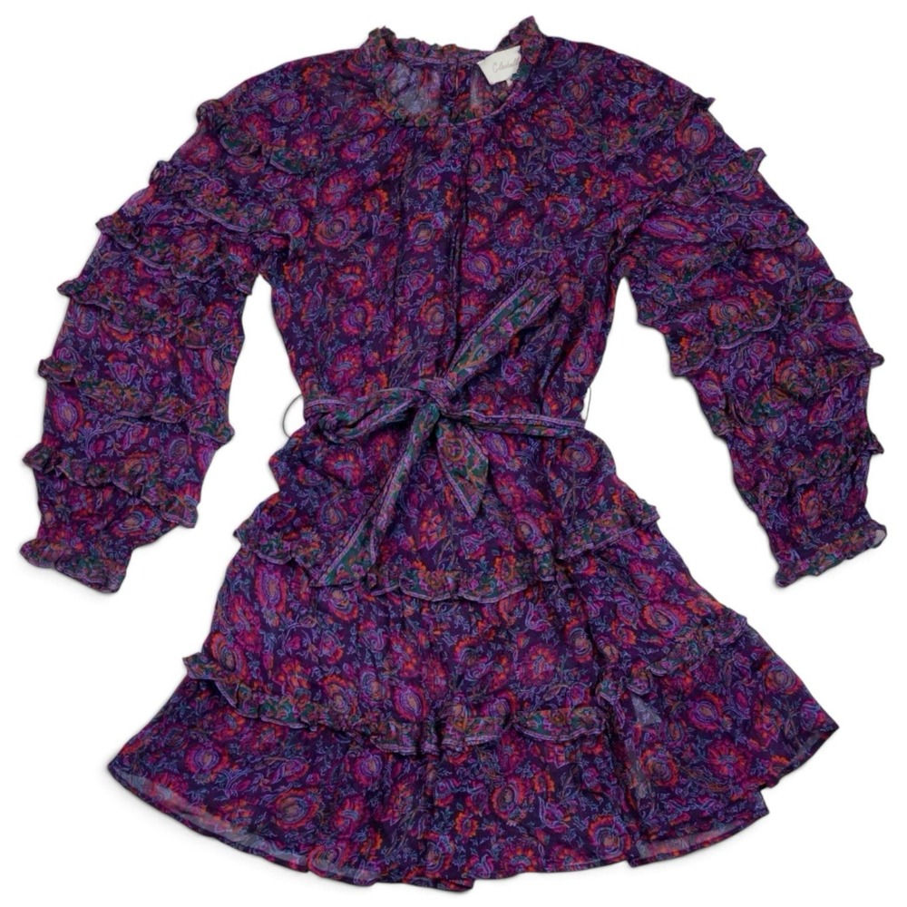 Cleobella Rosalia Mini Dress S Bordeaux Floral Ruffle Tiered Missing Slip